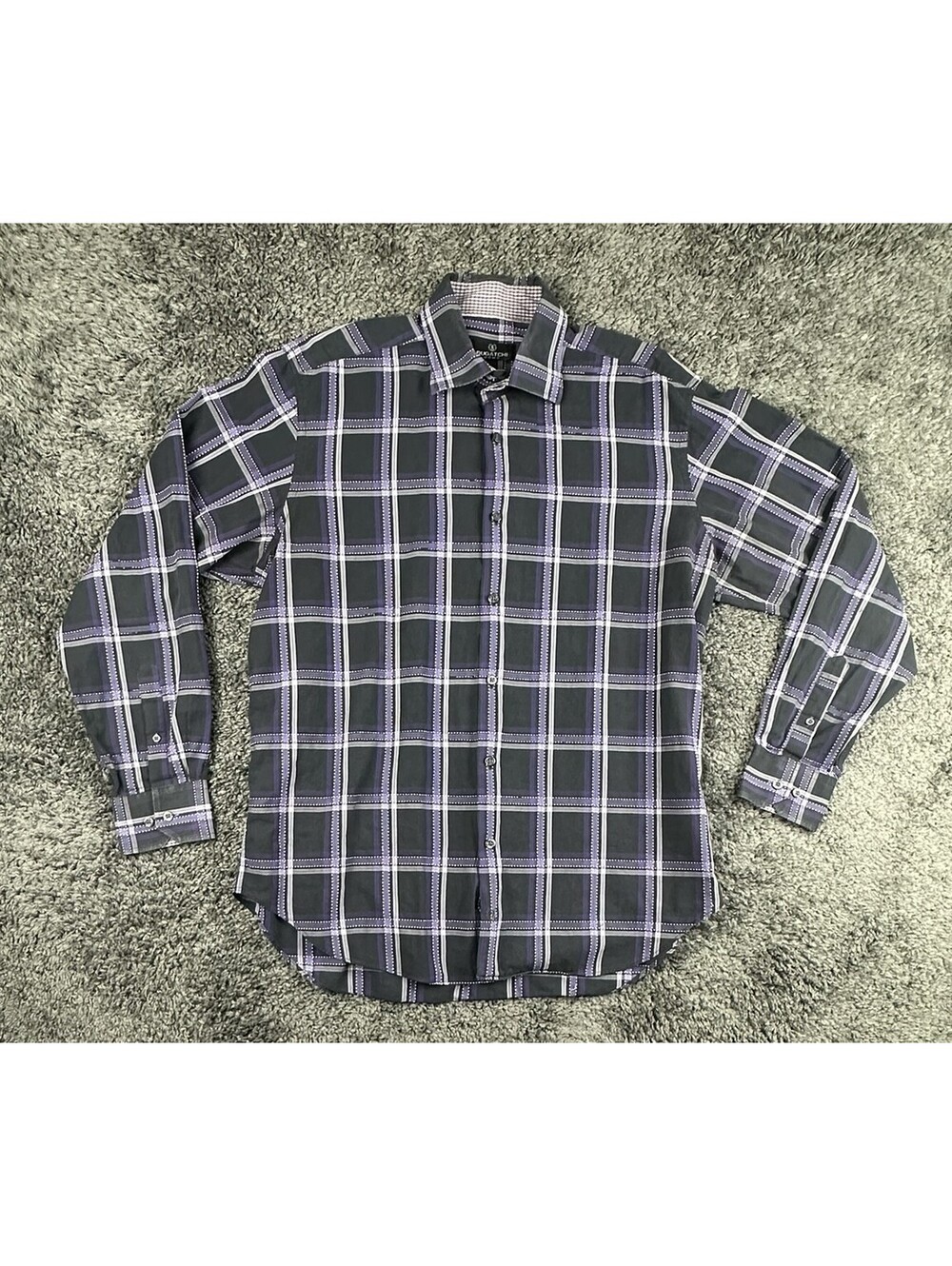 Bugatchi Uomo Mens XL Black Purple Plaid Long Sleeve Button Up Shirt Casual Top
